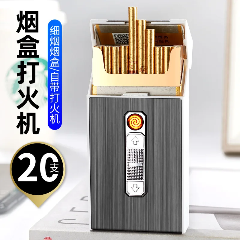 Fine Smoke Cigarette Case 20pcs Capacity Slim Cigarette Holder with USB Rechargeable Lighter Metal Cigarette Case Gift for Men