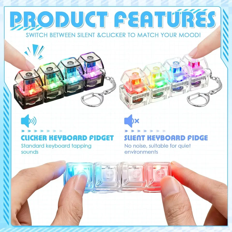 Teclado Fidget Antiestrés Con Luces LED Y Llavero – Juguete De Teclado Portátil Para Aliviar El Estrés En Niños Y Adultos
