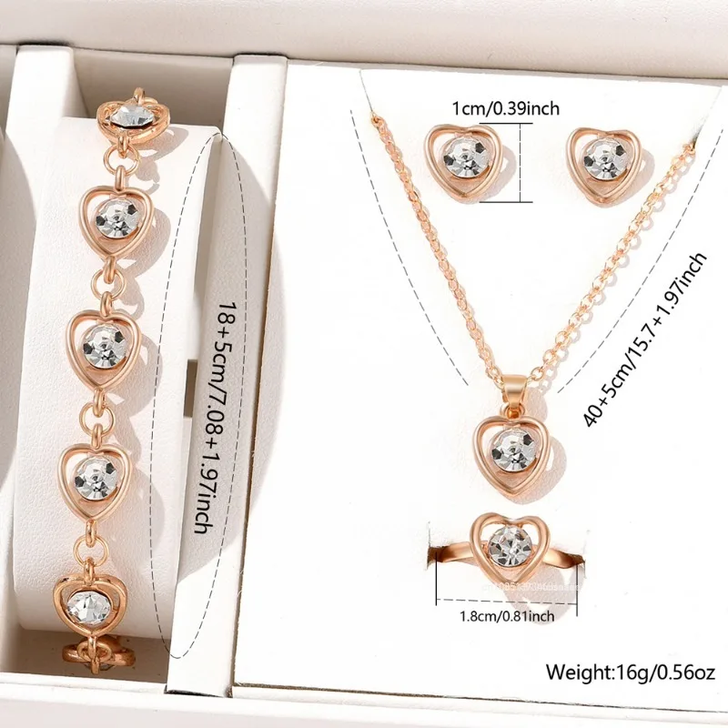 5pcs/Set Women Crystal Love Jewelry Fashionable Elegant High End Peach Heart Necklace Earrings Rings Bracelets Necklace