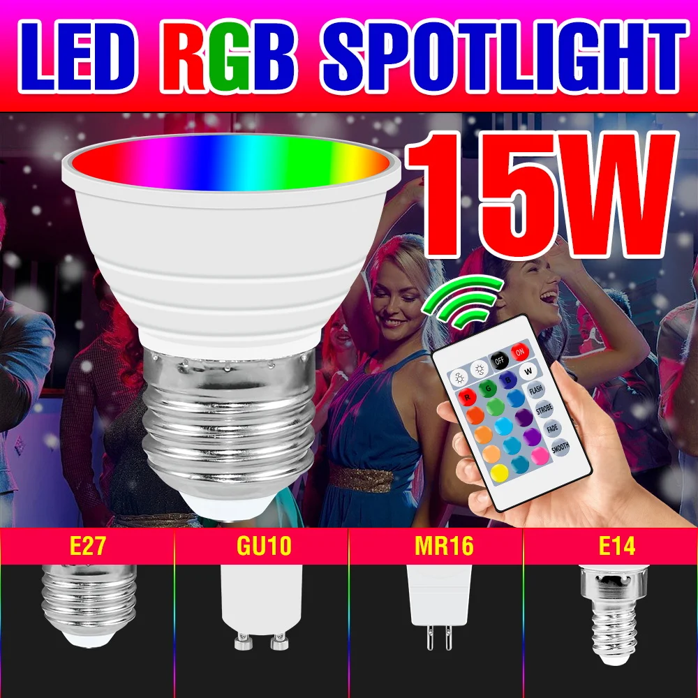 15W RGB Light Bulb LED Colorful Night Light E27/E26 Ceiling Lamp E14 IR Remote Control Dimmable MR16 Home Party Carnival