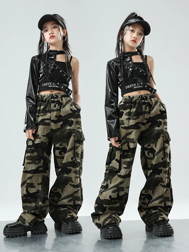 Girls Hip Hop Crop Top Cuff Camouflage Cargo Pants Clothes Sets Child PU Leather Street Dance Joggers  Kids Streetwear Costumes