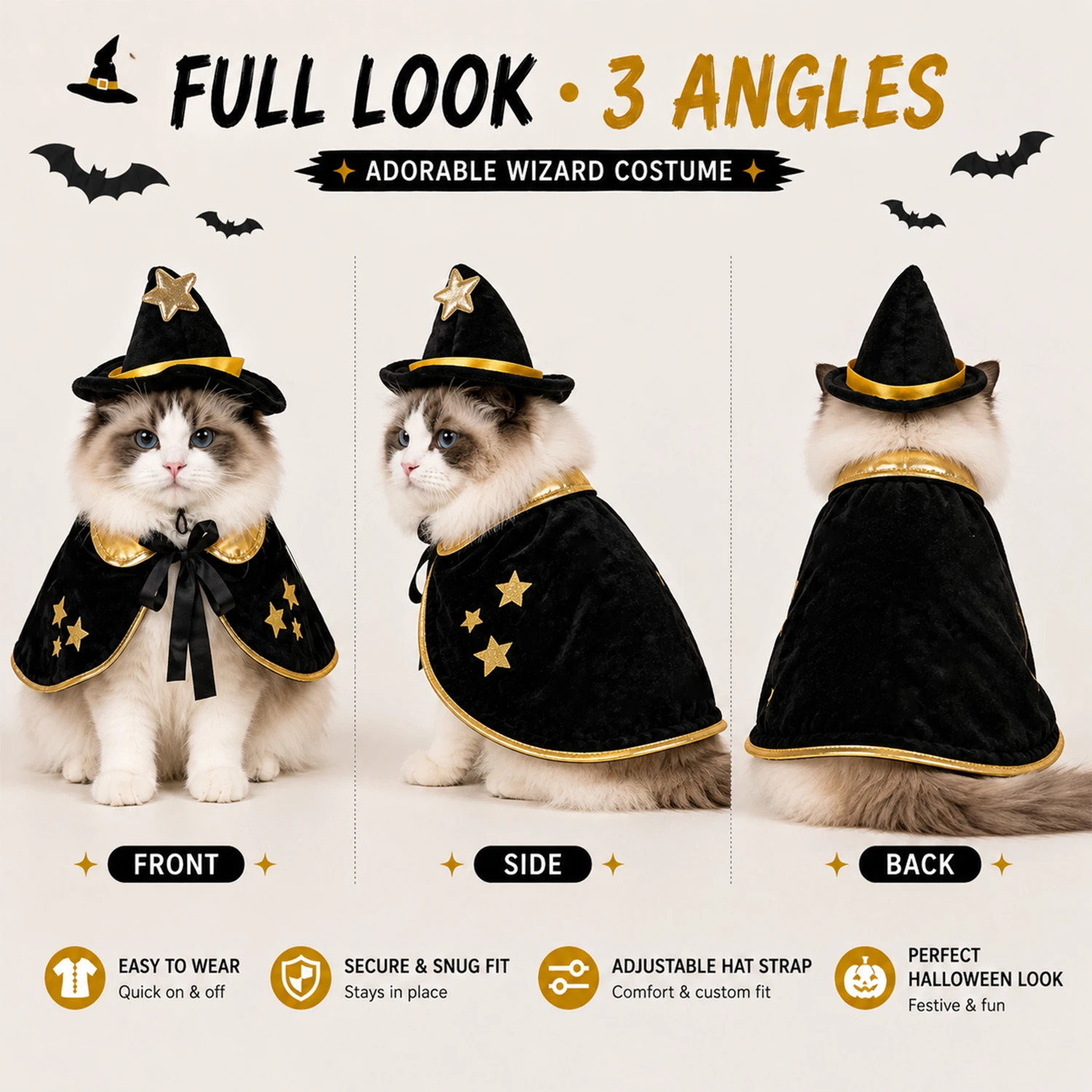Halloween-Zauberer-Kostüm für Katzen und Hunde, schwarzer, goldfarbener Umhang mit Sternenmuster, passender Hexenhut, verstellbarer Riemen, macht Spaß. – Detail 3