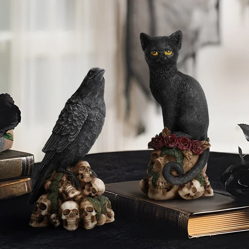 

Mysterious Skeletons Decorative Figurines Animals Cats and Crows Statues Ornaments Resin Crafts Desk Decor Home Accessories