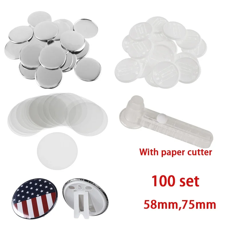 100 Sets Badge Parts DIY Making Tinplate With Paper Cutter Photo Frame Consumable For Button Maker Machine Accessories 58mm 75mm