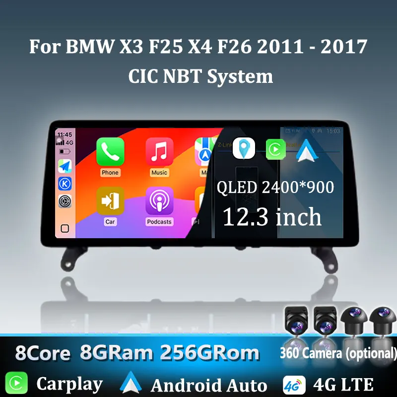 Rádio Automotivo Multimídia com Navegação GPS Android 16, CarPlay Sem Fio, Vídeo para BMW X3 F25 X4 F26 2011 - 2017 Sistema CIC NBT Bluetooth