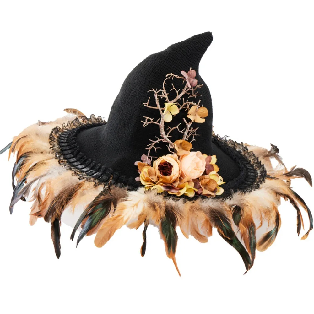 Halloween Witch Spiked Cornice Hat Goth Dark Feathers Flower Wizard Lolita Magic Hat Cosplay Accessory 3