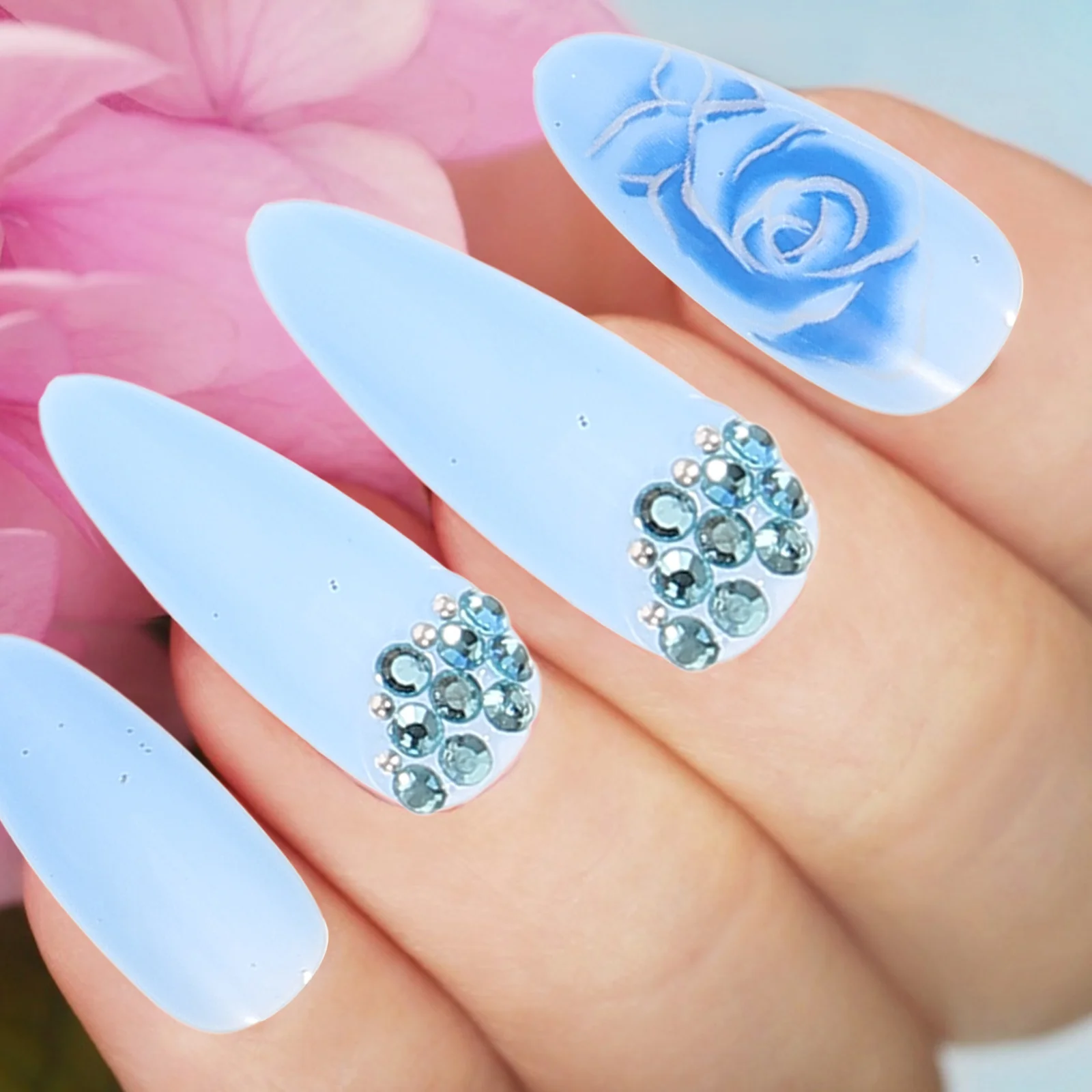 

24 Pcs Blue Rose Artificial Nails Wearable Stickers Press On Fake Nail Tips Women Manicure Supplies