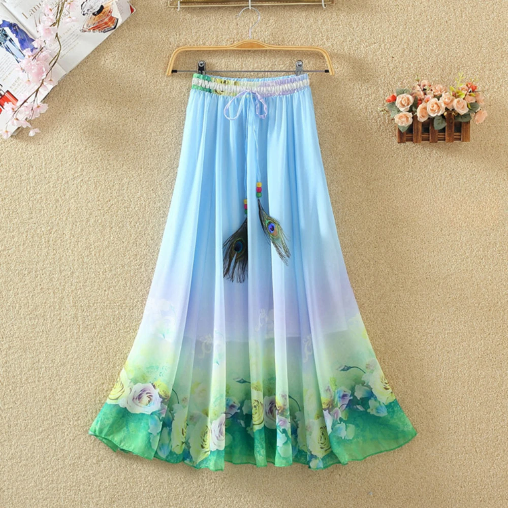 

Nighpha Women's Summer Skirts Floral Print Chiffon Long Skirt Elastic High Waisted Large Hem Maxi Flared Skirt