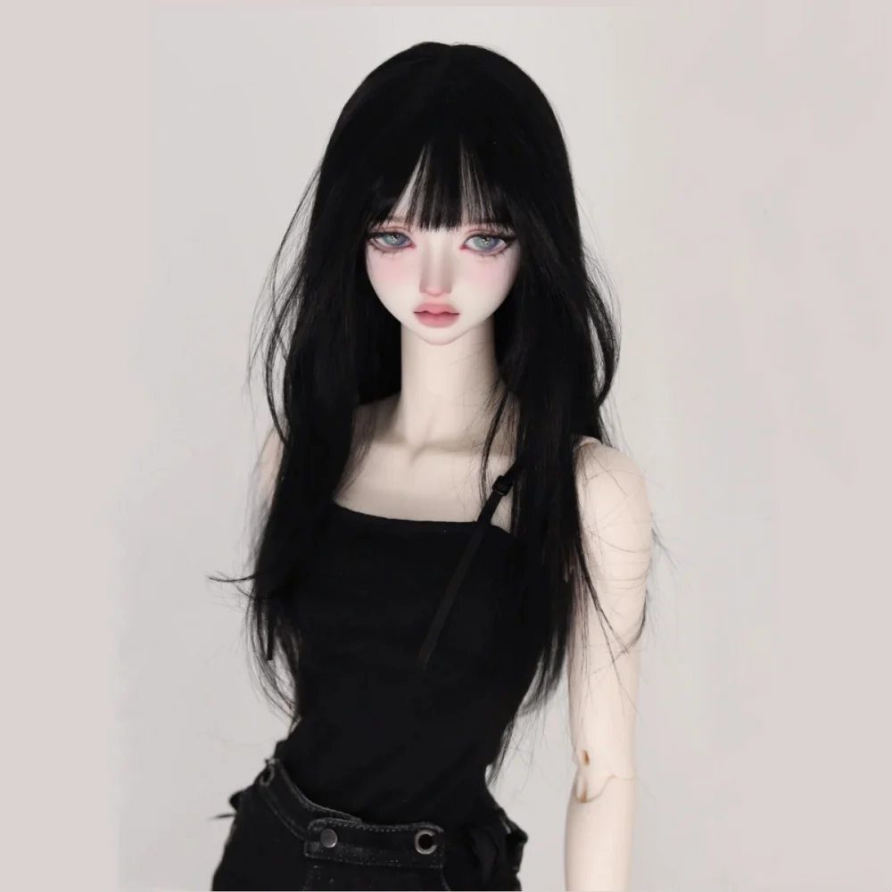 bJD Doll wig fits on 1/3 1/4 1/6 size high temperature silk fashion personality flat bangs long black straight hair accessories