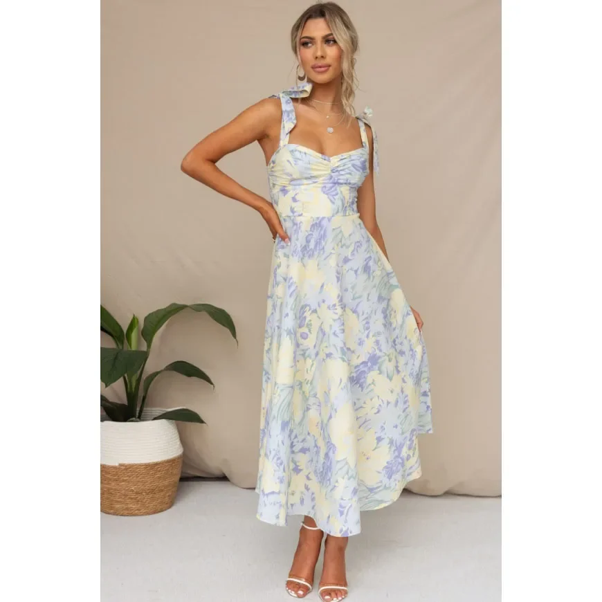 CPSYMYM Plus Size Lady Spring Summer Dress Green Floral Print V-Neck Long Dresses Casual Bohemian Sleeveless Women Beach Party D