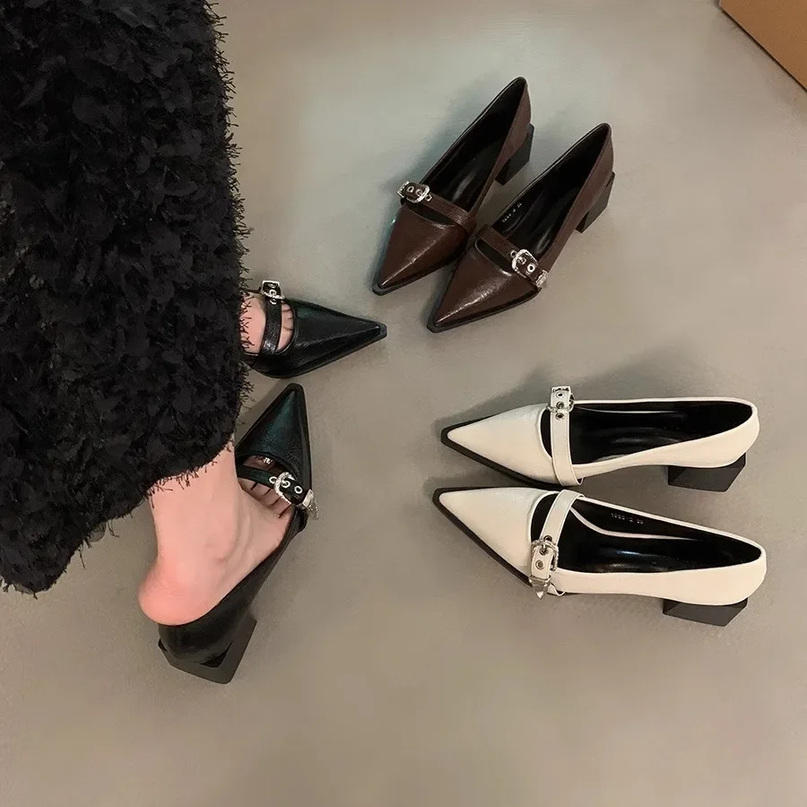 Women Shoe Fashion Pointed High Heel Single Shoe  Trend New Retro Spring Belt Buckle French Elegant Banquet Dress Shoes