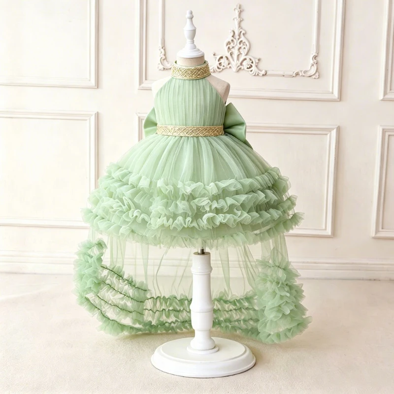 2026 New Kids Formal Dress Performance Host Princess Sweep Train Gown Wedding Flower Girl Children Party Banquet Evening Costume