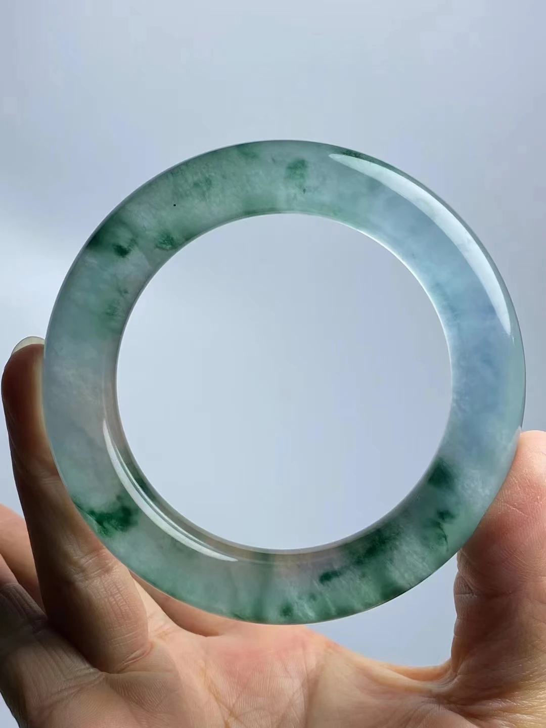 Natural Ice Seed Jadeite Bangle with Floating Green Blue Flowers round Bracelet Fine Handring Jewelry