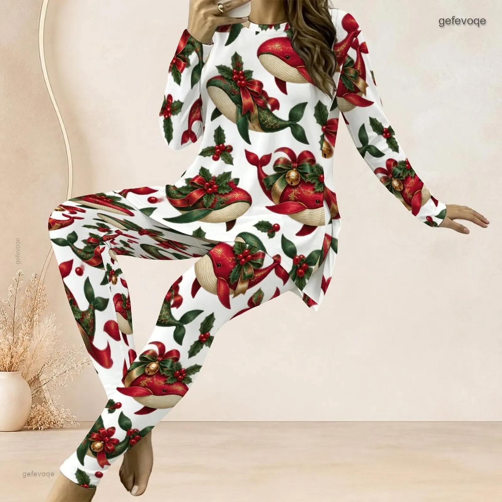 Women Christmas Whale Holly Printed Round Neck Long Sleeve Longline Top Fitted Long Pants Two Piece Set