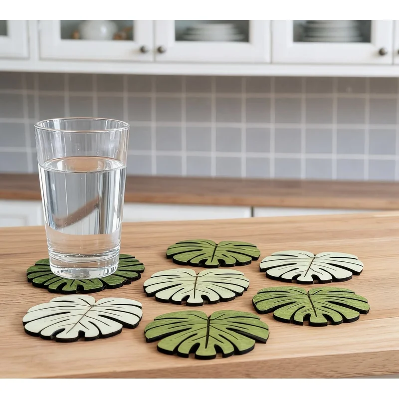 4Pcs/Pack Monstera Leaf Wooden Coaster Tropical Plant Drink Pads Non-Slip Heat Resistant Cup Mats for Home Kitchen Bar Office
