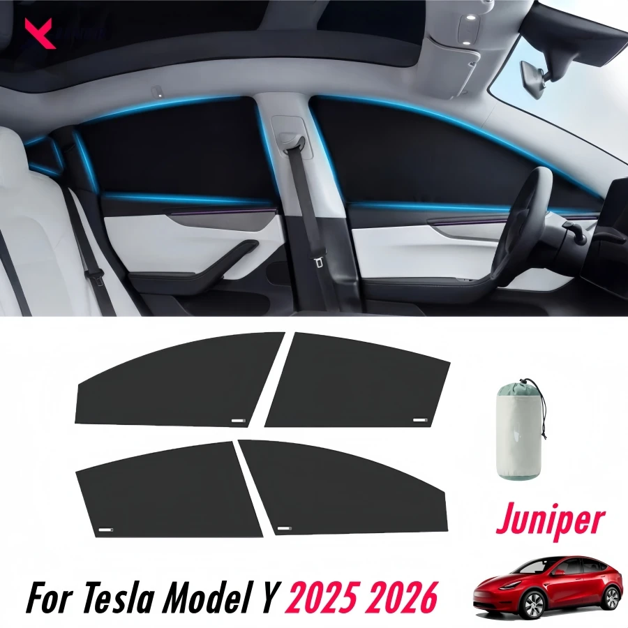 4PCS Side Window Sunshades for Tesla Model Y Juniper 2025 2026 Blackout Privacy Car Window Cover Titanium Silver Heat Shield