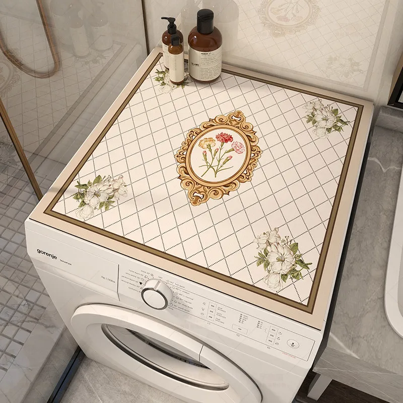 VIKAMA Winter Deer Floral Washing Machine Top Mat Teal Vine Frame Text Waterproof Anti Dust Laundry Dryer Surface Pad