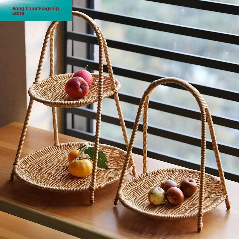

Double Layer Bamboo Woven Fruit Tray Tea Ceremony Basket Hanfu Photoaphy Props Ancient Sle Simulated Bamboo Basket