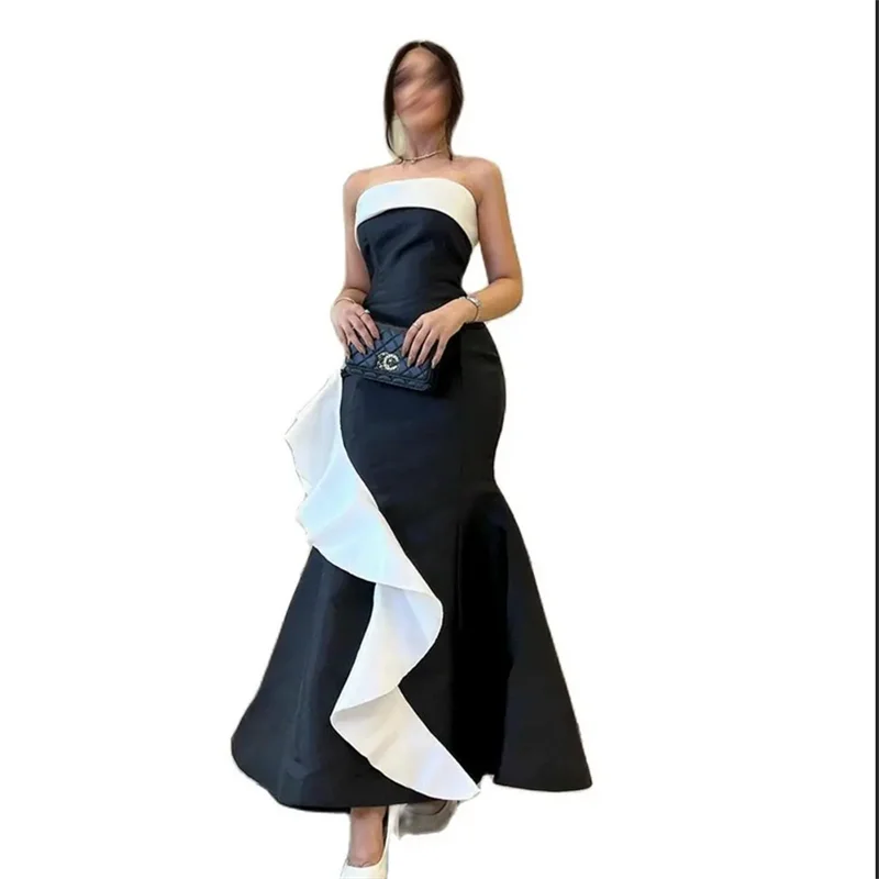 Schwarze und weiße Satin-Abendkleider, Wellenrock, formelle Abendkleider für Damen, knöchellanges Partykleid, Saudi-Arabien, 2025, neu