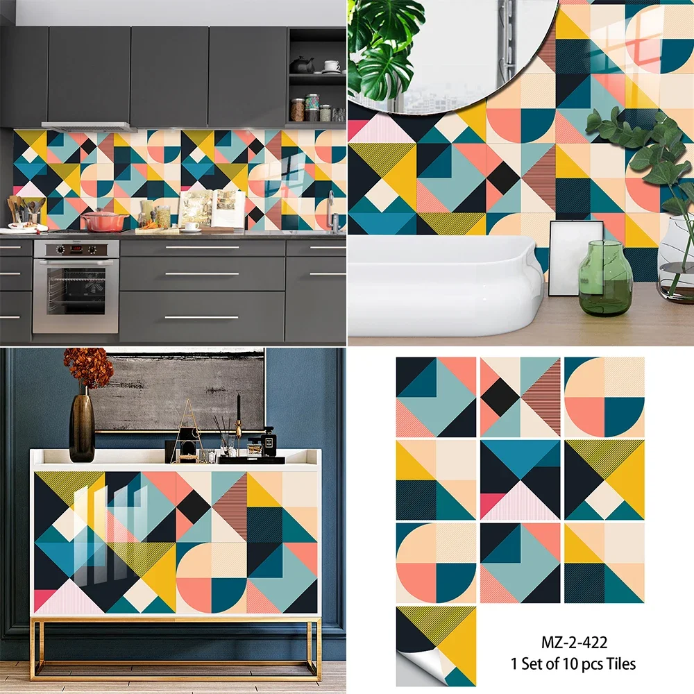 Kolorowy wzór geometryczny płytki naklejka ścienna kuchnia Backsplash olejoodporna łazienka Home Decor samoprzylepne artystyczne naklejki ścienne