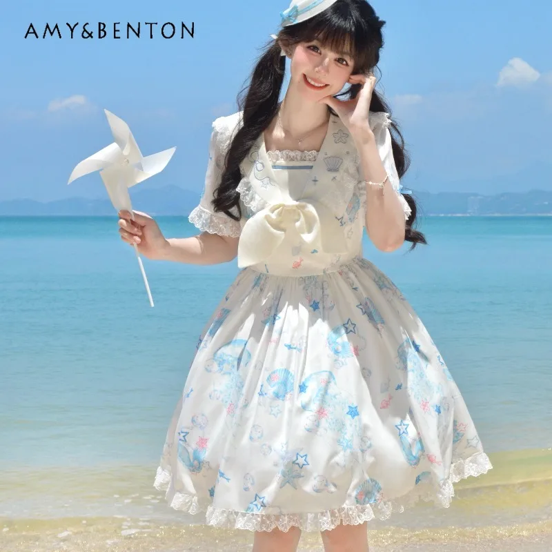

Sweet College Girl Lolita Dress Cute Navy Collar Short Sleeve Cartoon Print Slim Op Short Dress for Women Kawaii Tutu Dresses