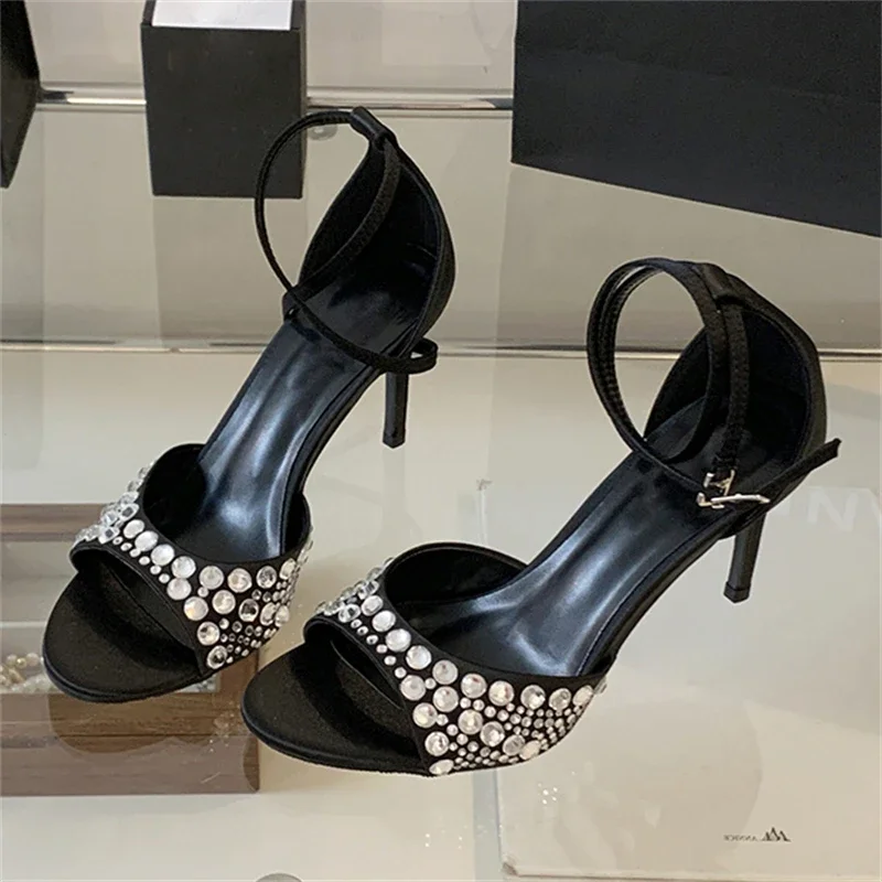 

Aneikeh Sexy Fashion Party Bling Rhinestone Sandals Open Toe Stiletto Heels Sandals Ankle Straps Buckle Summer Women Shoes