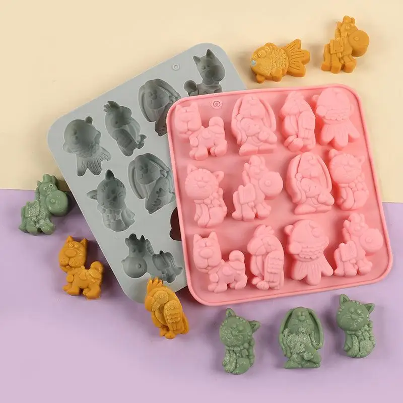 12 Cavity 6 Kinds Cartoon Animal Shaped Chocolate Silicone Molds DIY Handmade Dessert Pudding Jelly Cake Baking Molds