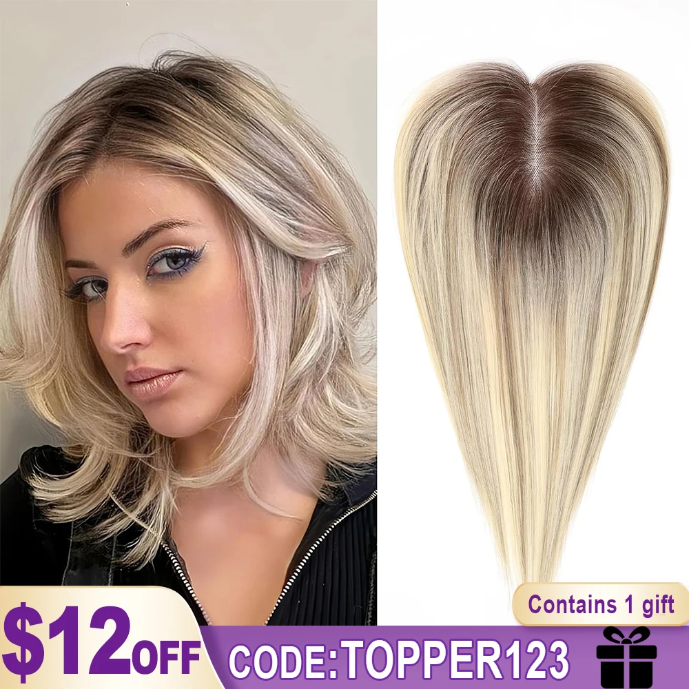 Hair Topper for Women Real Human Hair Light Blonde Balayage Hair Toppers Handcrafted Lace Base Clip in Toppers Hair Loss Cover