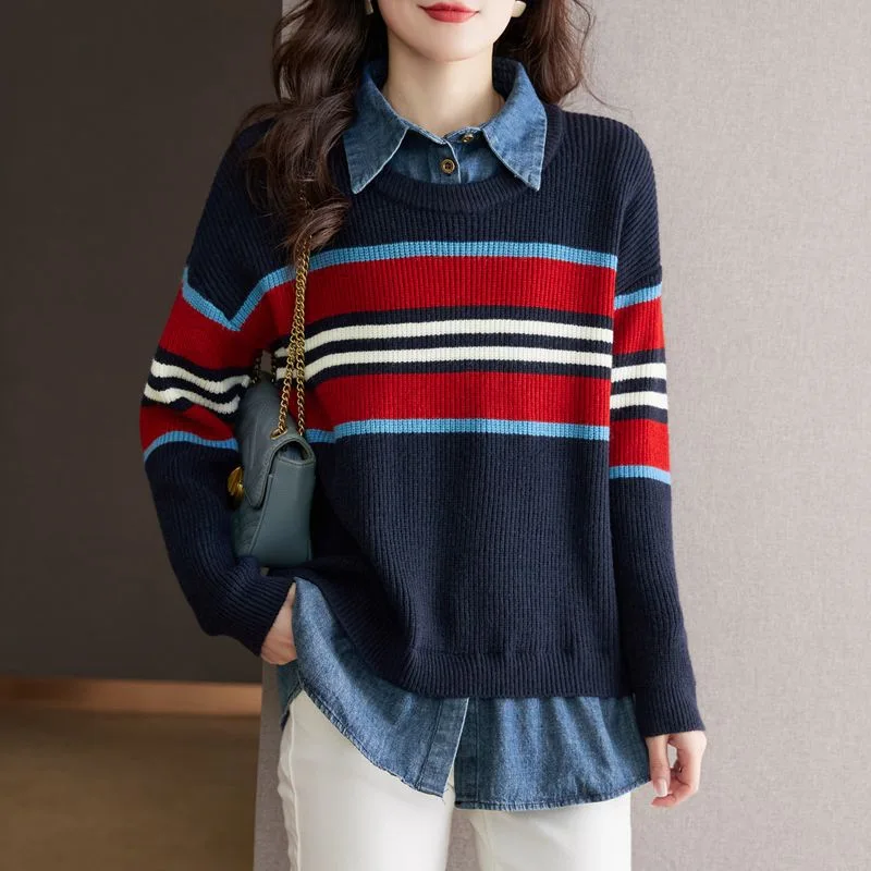

Women Pullover Sweater For Spring Autumn 2023 New Retro Striped Patchwork False 2 Piece Knitting Shirt Female Bottom Clothes