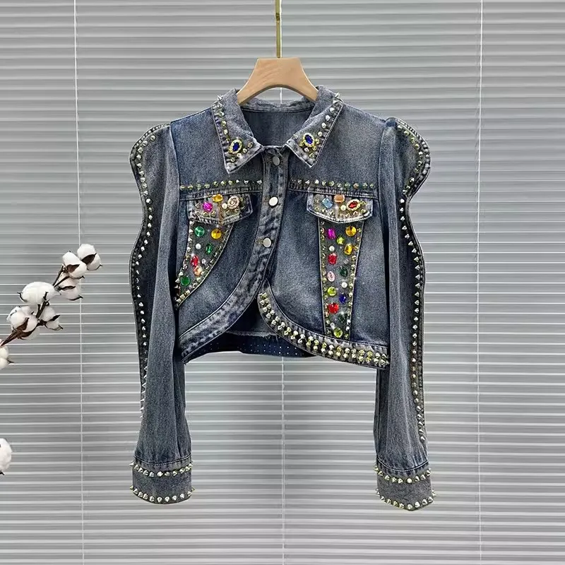 

Spring New Rivet Diamond Irregular Hem Slim Short Denim Jacket Women Lapel Long Sleeve Female Blue Jeans Jacket Coat Streetwear