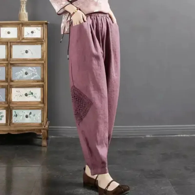 Calça retrô harém de verão feminina, cintura alta, cânhamo de algodão, painel de renda, bolsos, solto, elástico, monocromático, 9 pontos, nova moda, 2024