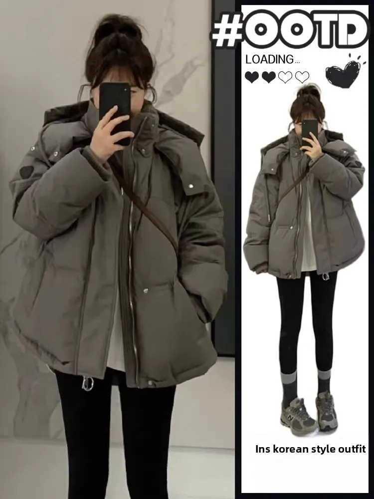 

Women's ort Puffer Jaet Winter Thiened Hooded Oversize Korean Sle Love Couple ey Parka Coat Polyester Fiber Fill