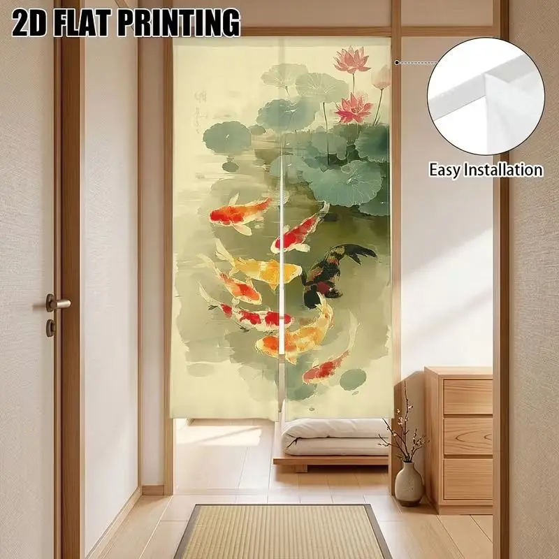 VIKAMA Japanese Lotus Half Door Curtain, Water Lily Floral Noren Curtain, Privacy Divider Screen Entryway Room Home Decor