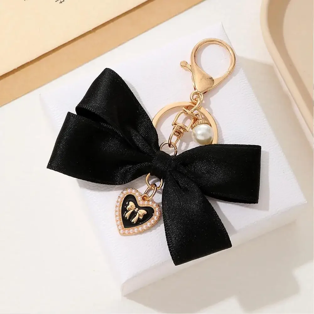 Fashion Ribbon Bow Love Heart Pendant Keychain Elegant Pearl Hanging Key Ring Women Girl Car Key Holder Backpack Ornaments