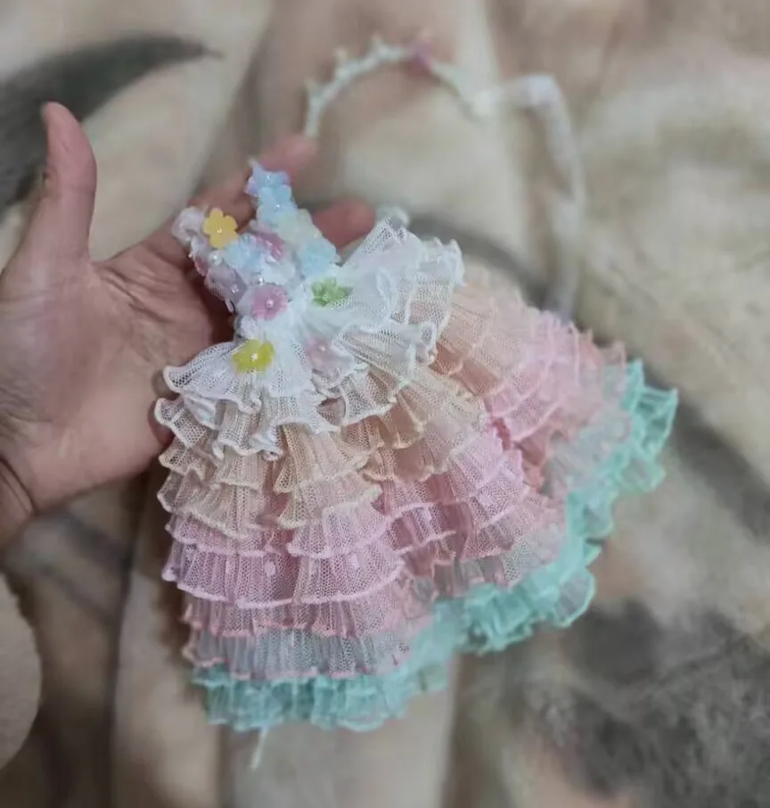 2pcs Kawaii rainbow style Blythe/landoudou Hair accessories+fringed dress (Fit for azone,Pullip,Ob22,24,26, Licca)