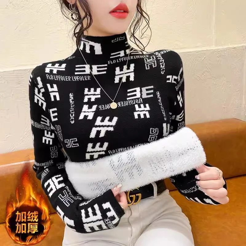 Women Clothing Fashion Half Turtleneck Pullover Autumn Winter Letter Long Sleeve Sweater Office Lady Comfortable Thicken Top