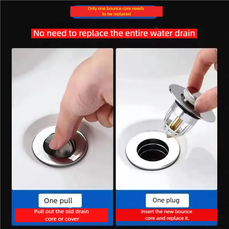 

Universal Rebound Drain Plug Filter Basin Pop-up Chrome Sink Filter with Hair Catcher Bathroom Sink Drain Stopper Easy Push Type