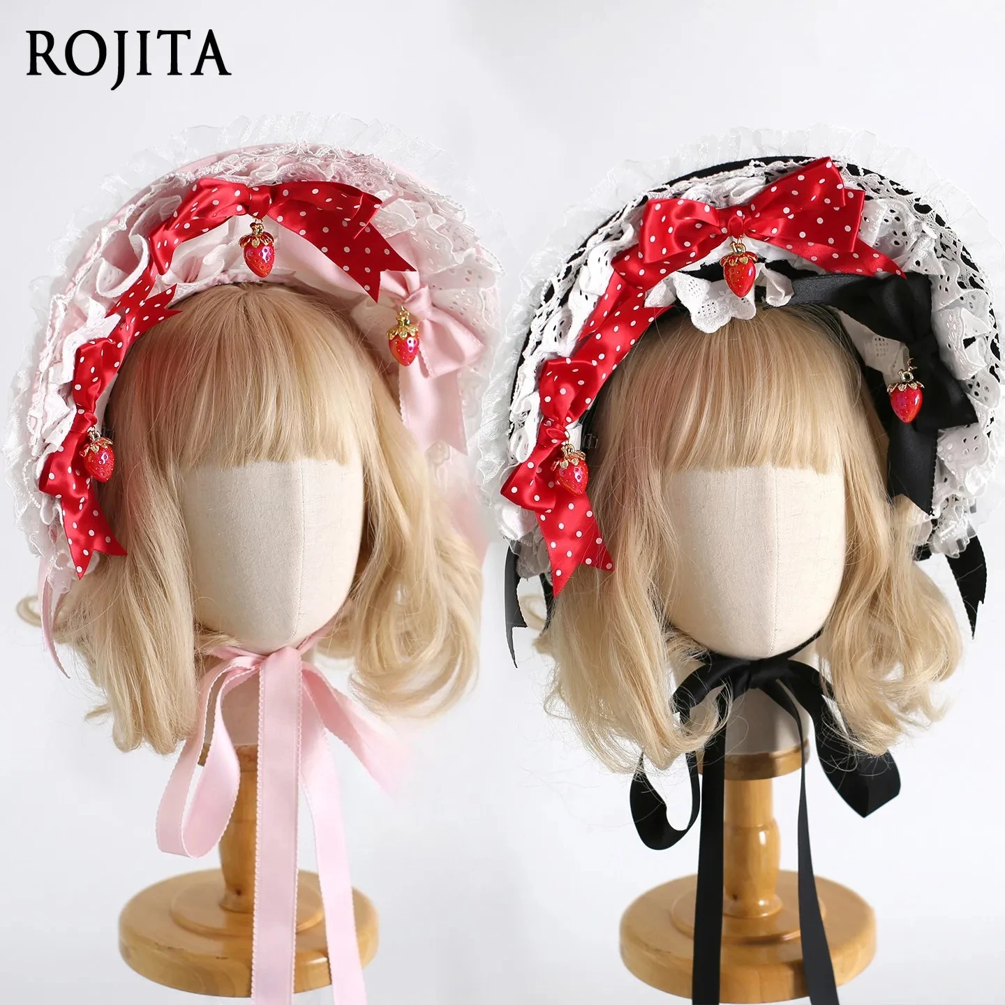 

Dotted Lolita Headwear Polka Dot Sweet Cake Hair Accessories Kawaii Strawberry Lolita Bonnet Red Polka Dot Lace Trim Bonnet