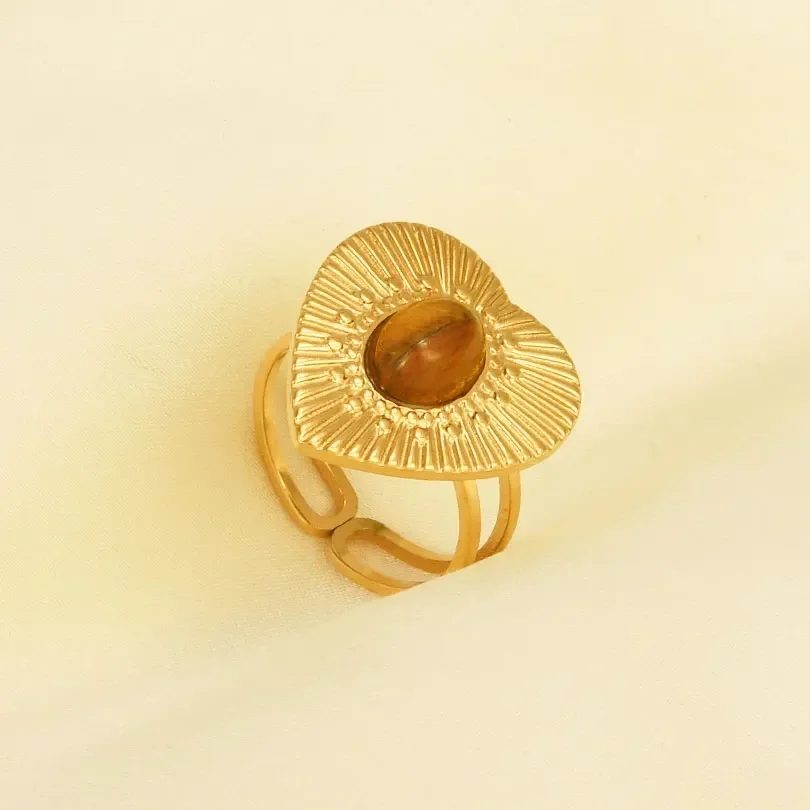 1pc New Retro Bohemia Stainless Steel Brown Tiger Stone Ring Gold Color Originality Sun Oval Peach Heart Adjustable Accessories