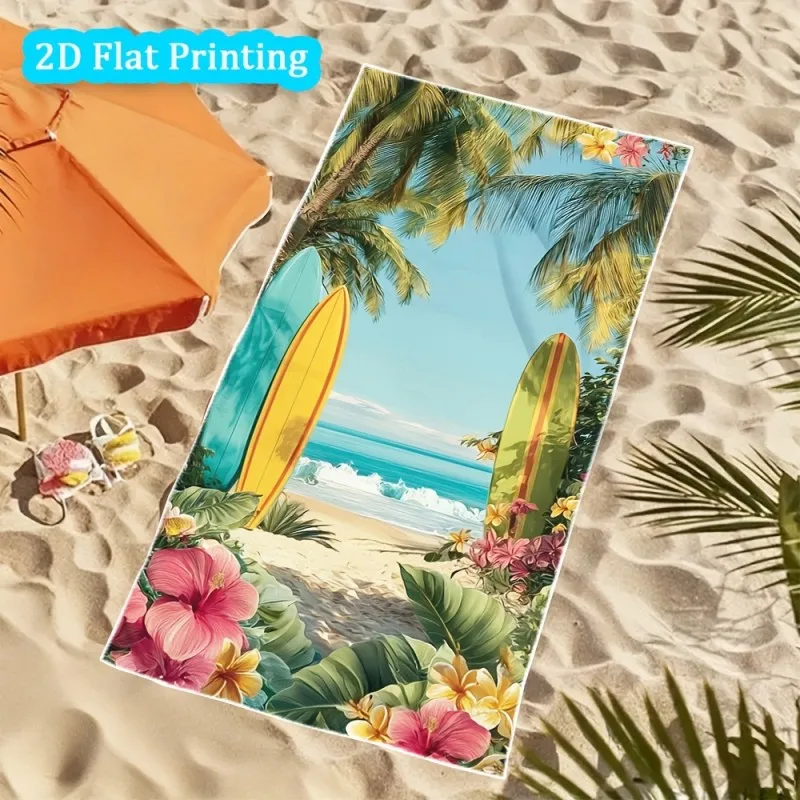 Tropical Palm Surfboard Hibiscus Floral Beach Towel For Hawaii Style Seaside Holiday Outdoor Travel Bath Towel