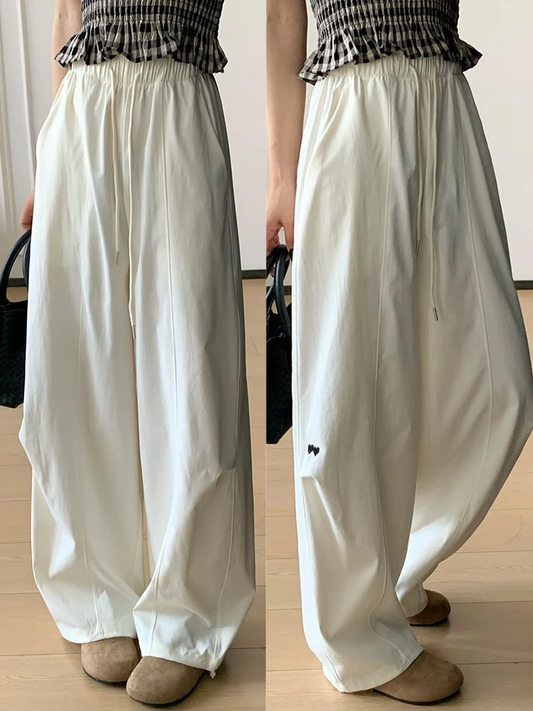 Weiße bestickte Hose mit weitem Bein für Damen, Sommer, dünn, hohe Taille, drapiert, lockeres Abnehmen, gerade Eisseide, Qui Dry, Sport-Arbeitskleidung