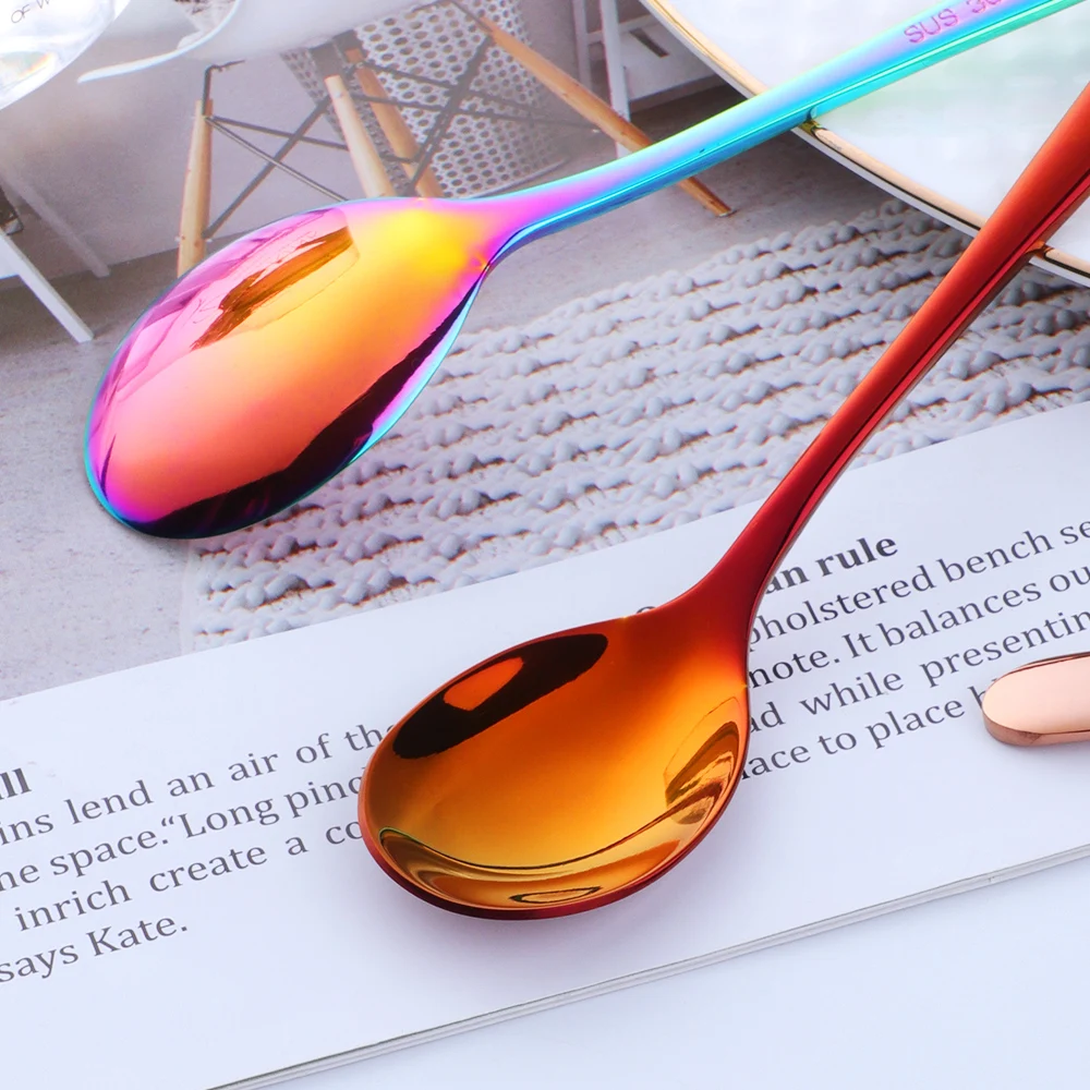 8PCS Stainless Steel Dessert Spoons Colorful Tableware Cutlery For Child Stir Tea Fruit Soup Scoop Kitchen Flatware Dinnerware