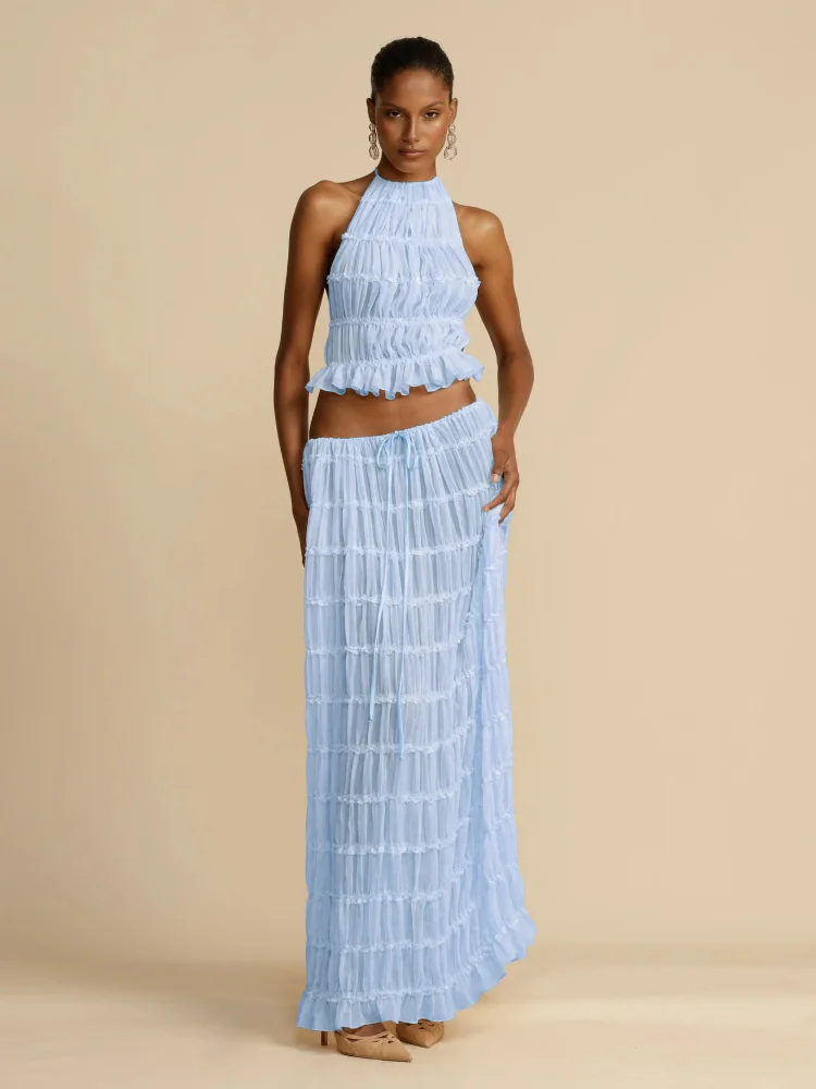 

Women's New Summer Fashion Solid Color Two-piece Set Backless Hang Neck Halter Top + Drawstring Chiffon Pleated Long Skirt Y2k