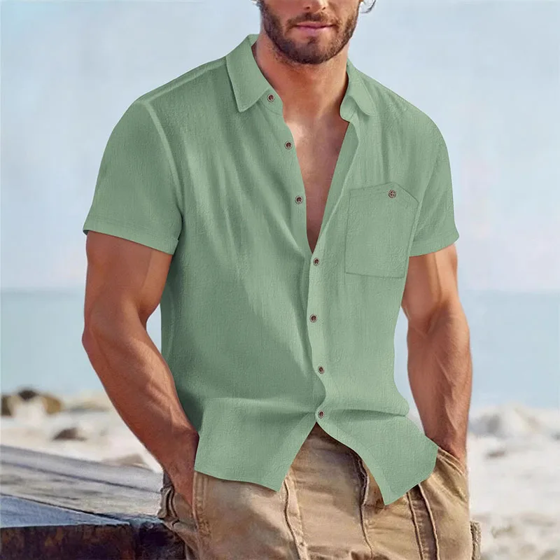Herren Leinen-Mischgewebe Kurzarm-Hemd mit Knopfleiste, Lässiges Strandhemd mit Brusttasche, Atmungsaktives Leichtes Sommerhemd für Männer