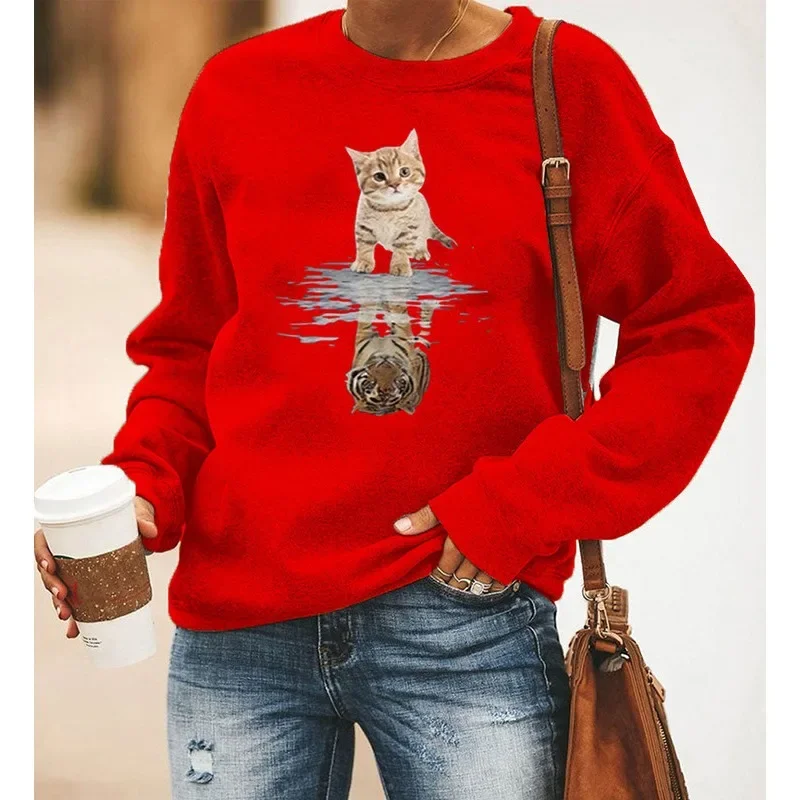 Kitten Sunflower Print Long Sleeve Crew-neck Hoodie Lady Sweatshirt  Streetwear Women  Aesthetic