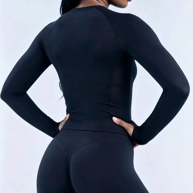 Damen Langarm Yoga-Oberteil mit Rundhalsausschnitt, Raglanärmeln und Daumenlöchern, Slim Fit Cropped Workout-Shirt, Nahtlos Atmungsaktives Sport-Lauf-Gym-Top – Detail 4