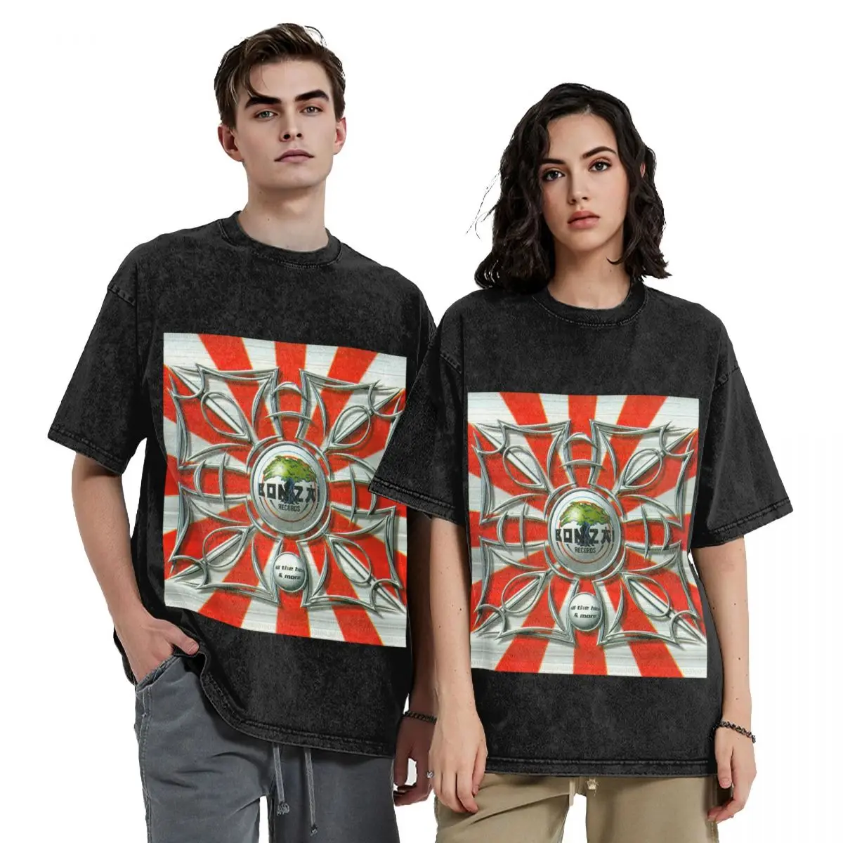 Bonzai Records Hip Hop Short Sleeve T-Shirts Washed Tops Tees Streetwear T Shirt Cotton for Men Women
