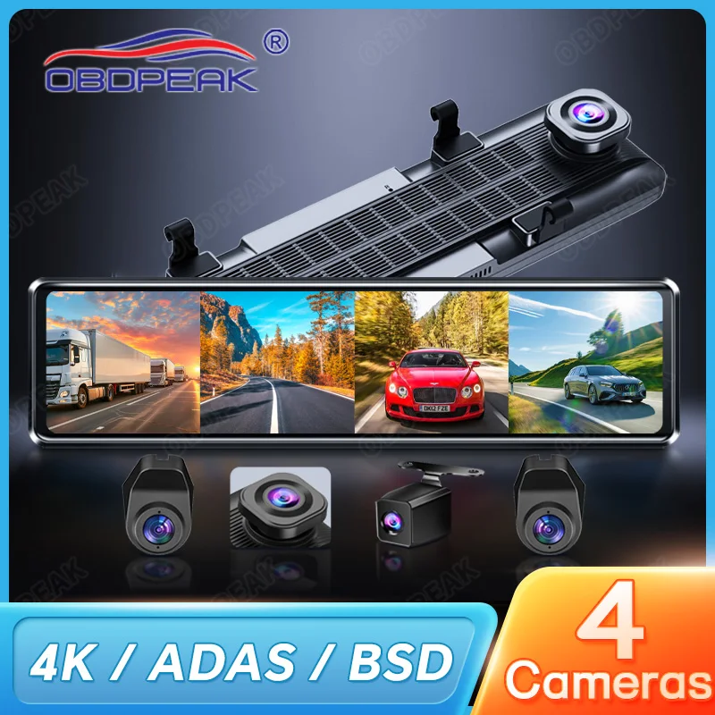 OBDPEAK A8 4CH 11.26\'\' Rearview Mirror Dash Cam 4K Front,Rear and Side(Left Right) FHD 3*1080P Blind Spot Assist ADAS WIFI