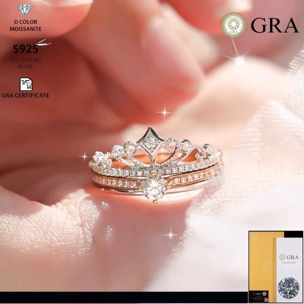 

Кольцо из стерлингового серебра S925, муассанитовая корона, замок, фейерверк, сложенное с двухслойным разделением цветов, закрытое легкое роскошное кольцо