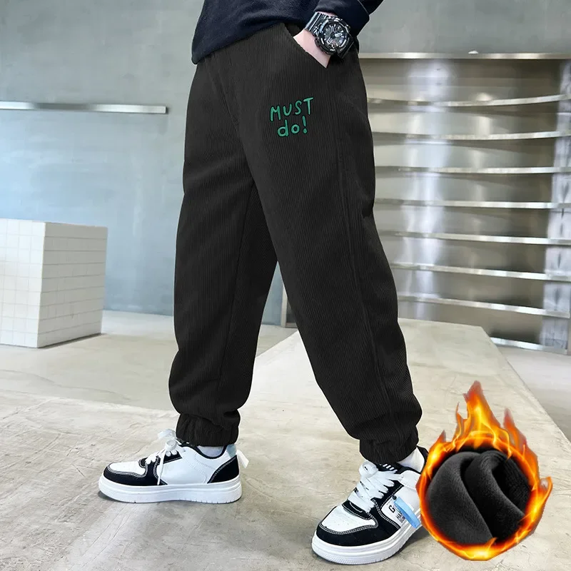 Winter Teenage Boys Warm Thick Pants Sports Fleece Lined Pants for Kids Black Khaki Casual Trousers 6 8 10 12 Year Child Clothes